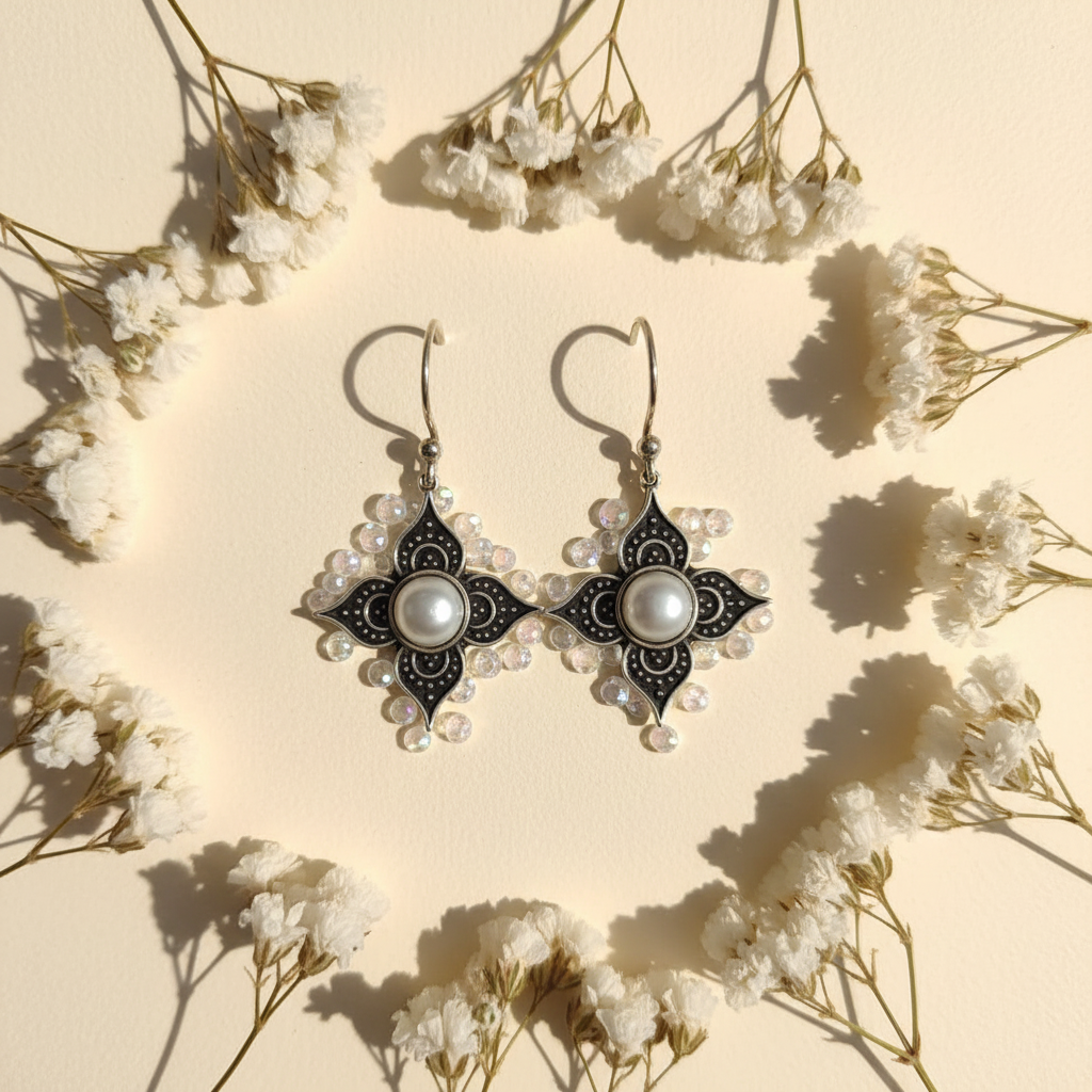 Aretes flor perla flat lay cristales