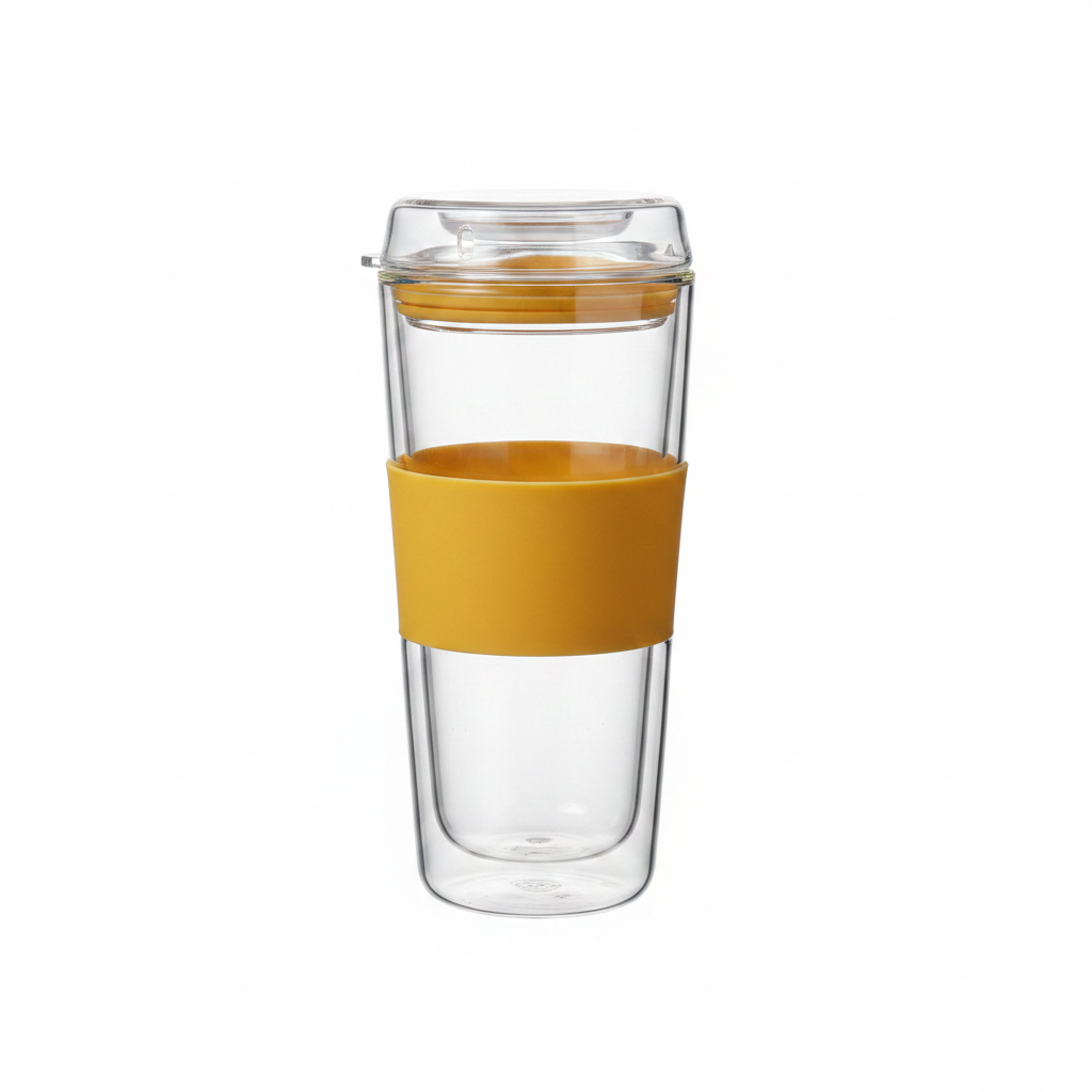 Vaso de vidrio doble pared vacío con franja de silicona mostaza sobre fondo blanco