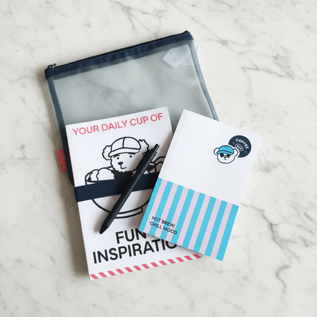 Kit papelería coffee lover flat lay sobre mármol blanco