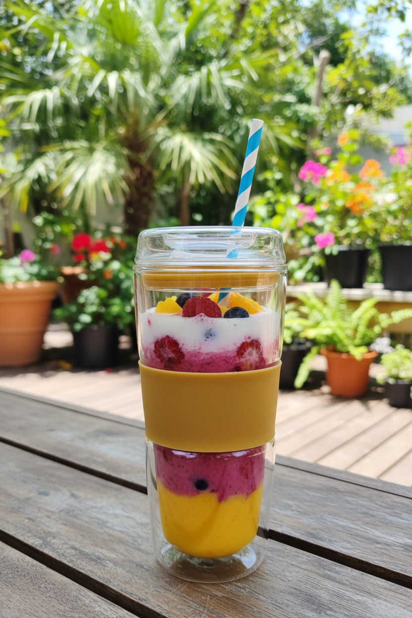 Vaso de vidrio con smoothie tropical en terraza al aire libre
