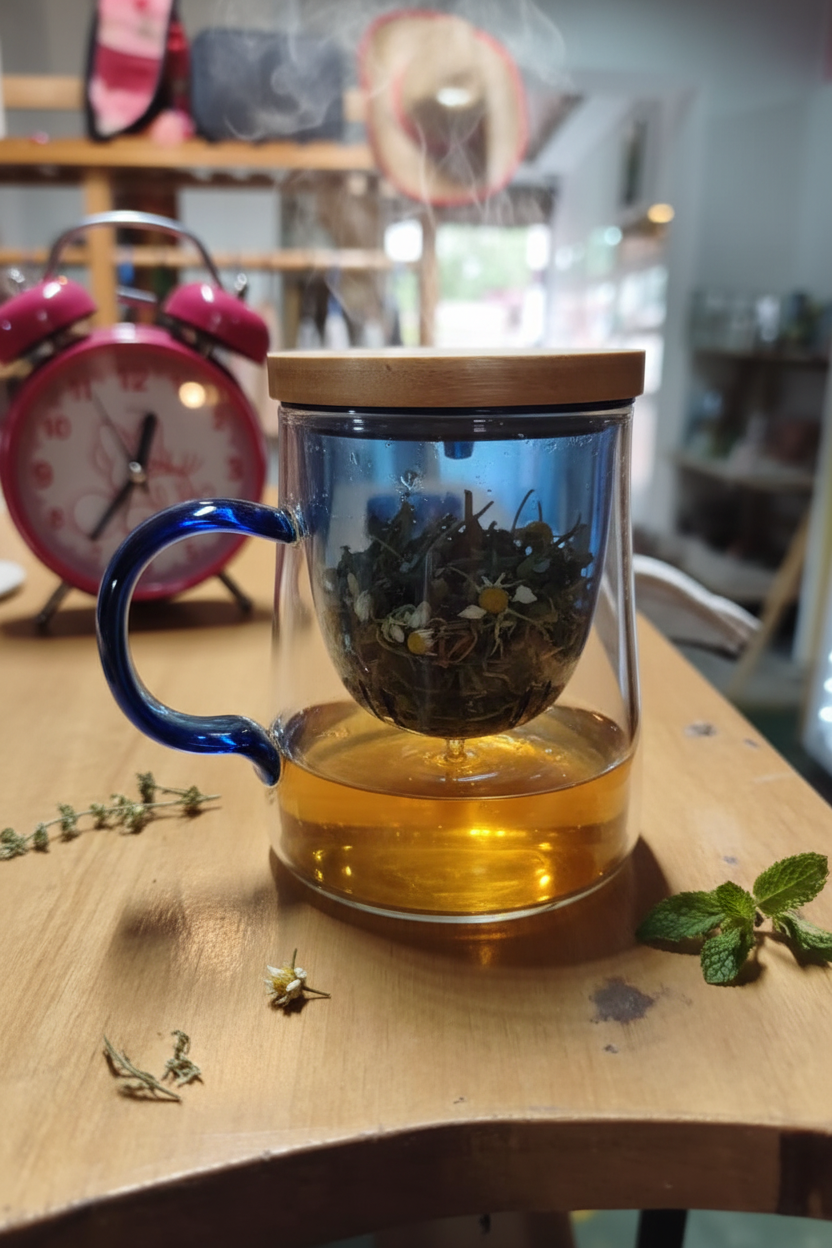 Taza infusora con hierbas goteando a la cámara inferior