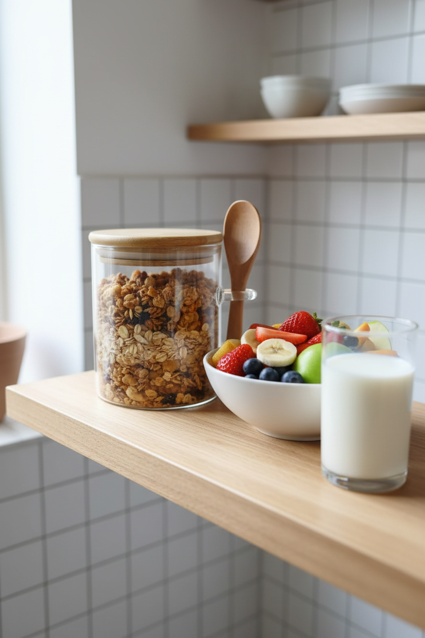 Frasco con granola en cocina escandinava junto a frutas y leche