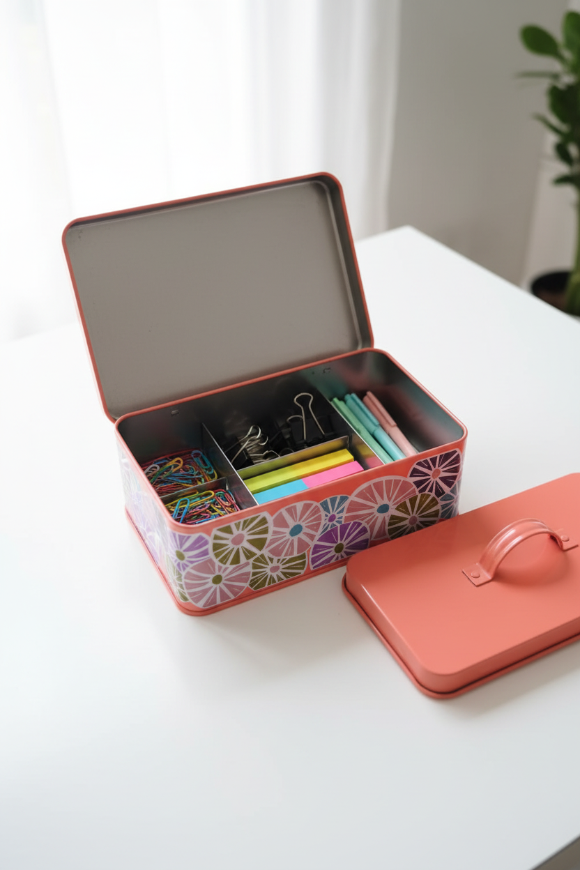 Caja metálica coral con clips y papelería en escritorio blanco