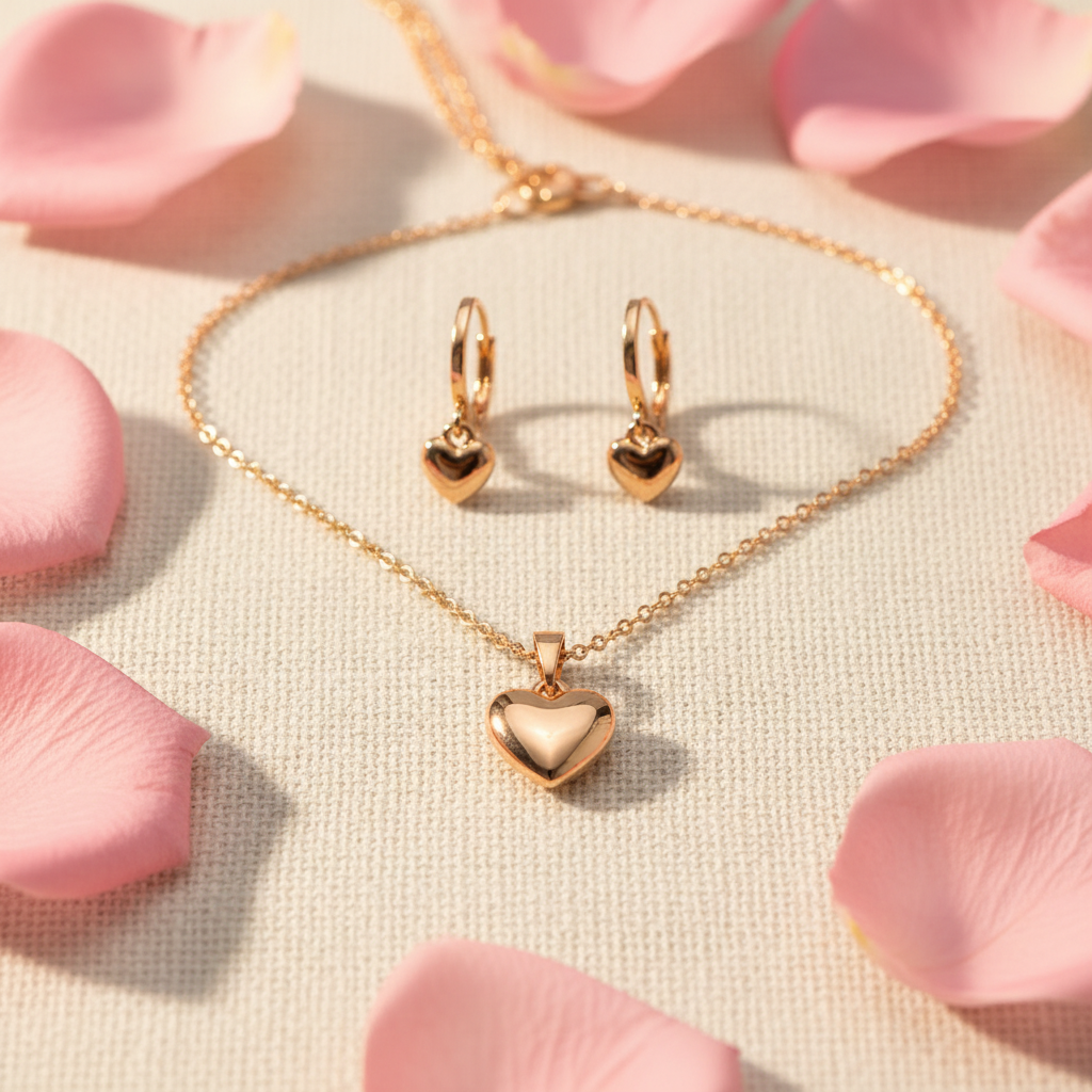 Juego corazón oro rosa flat lay