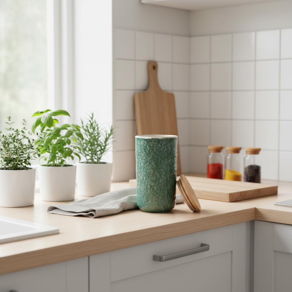 Tarro de cerámica verde en cocina escandinava con hierbas frescas