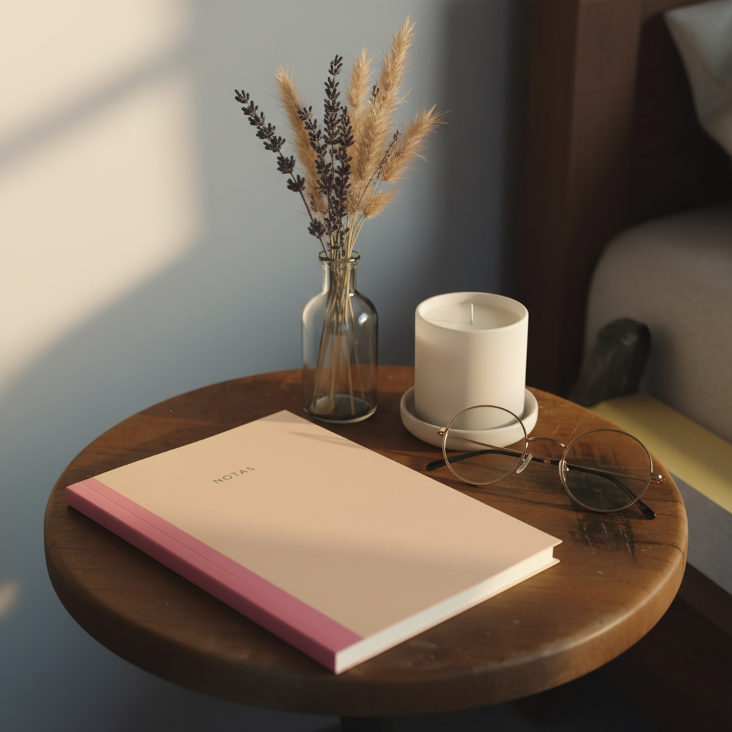 Cuaderno de notas cerrado en mesa de noche con flores secas y vela