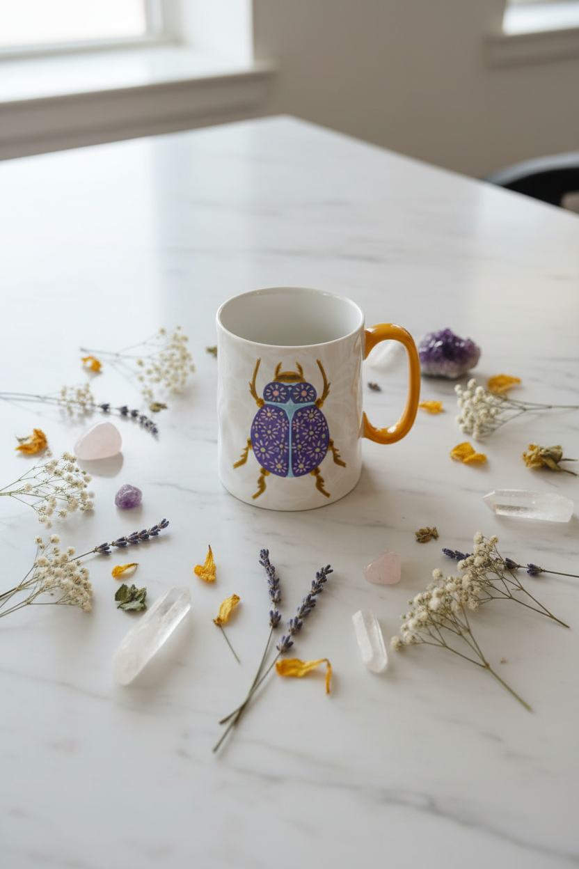 Taza escarabajo flat lay místico con flores secas y cristales sobre mármol blanco