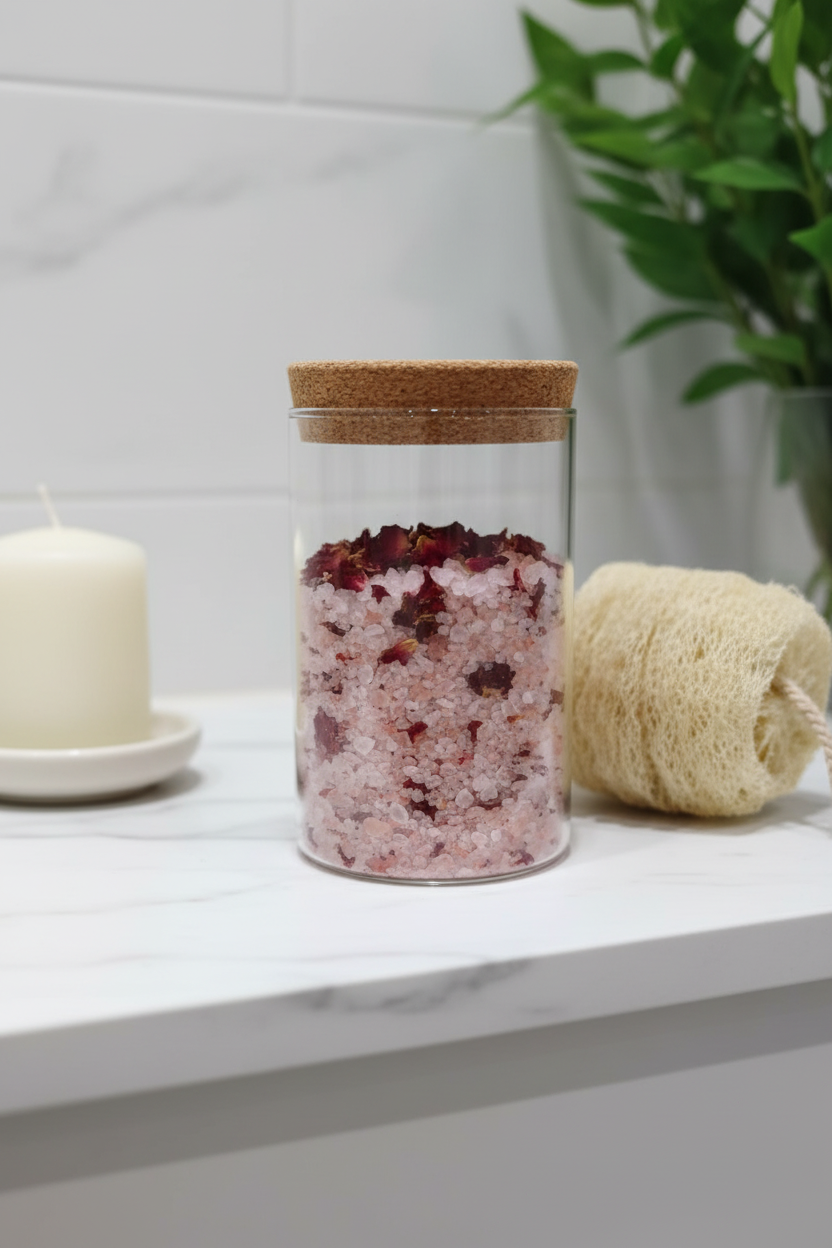Frasco de vidrio con sales de baño rosas y pétalos en repisa de mármol