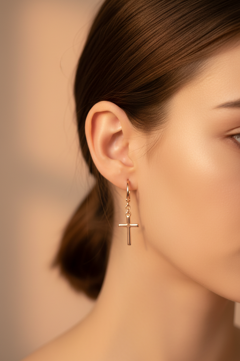 Aretes cruz oro rosa lifestyle modelo