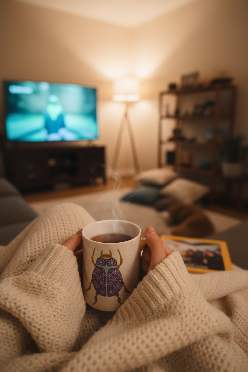 Taza escarabajo sostenida con frazada viendo TV en sala cálida