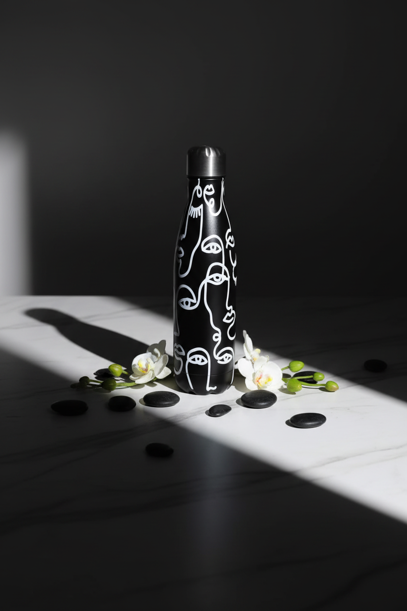 Termo negro Krea sobre mármol con orquídeas blancas y piedras negras fondo oscuro lujoso