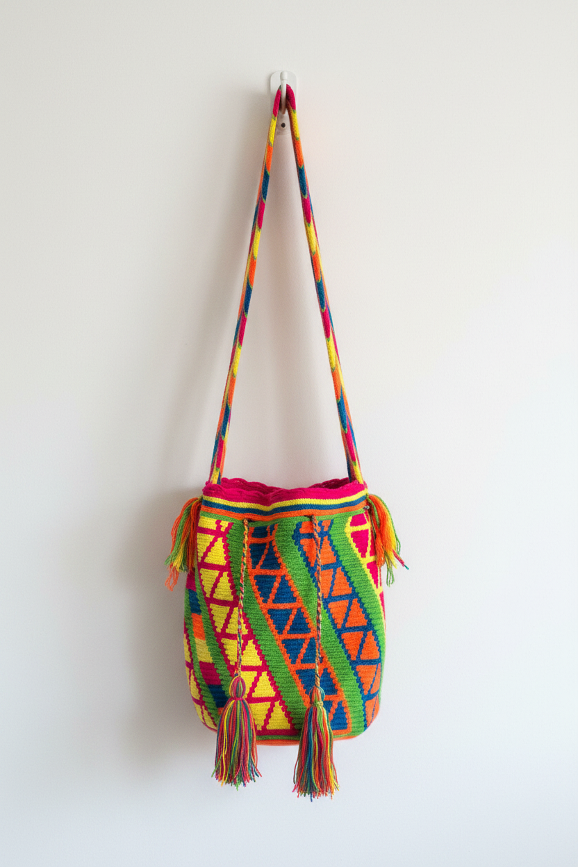Mochila Wayuu multicolor colgada en pared blanca