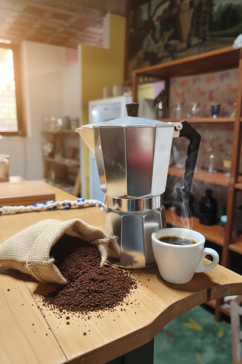 Cafetera Moka sobre mesa rústica con granos de café y taza de espresso