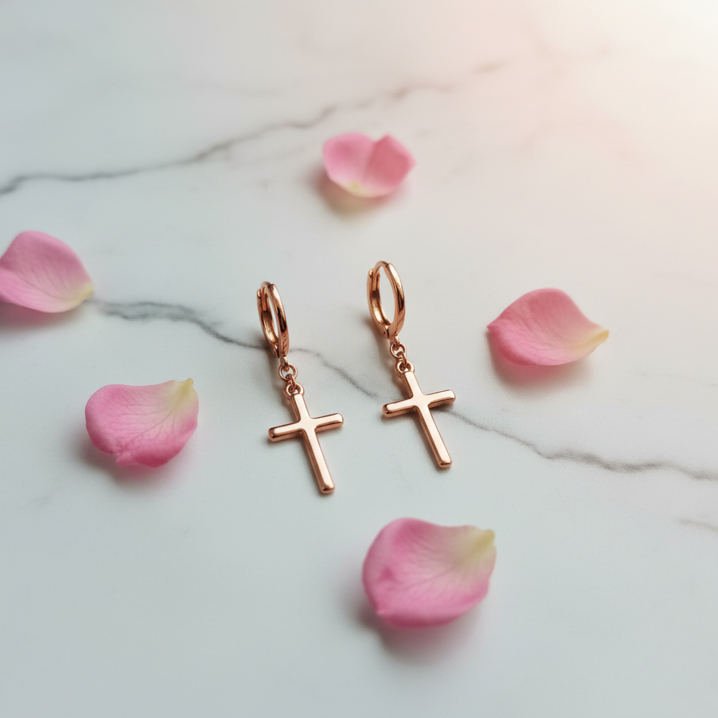 Aretes cruz oro rosa flat lay pétalos