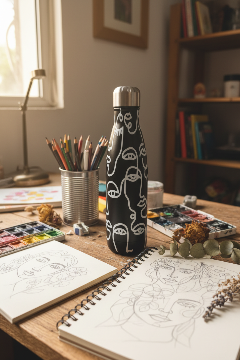 Termo negro Krea en escritorio de artista con cuaderno de bocetos y flores secas