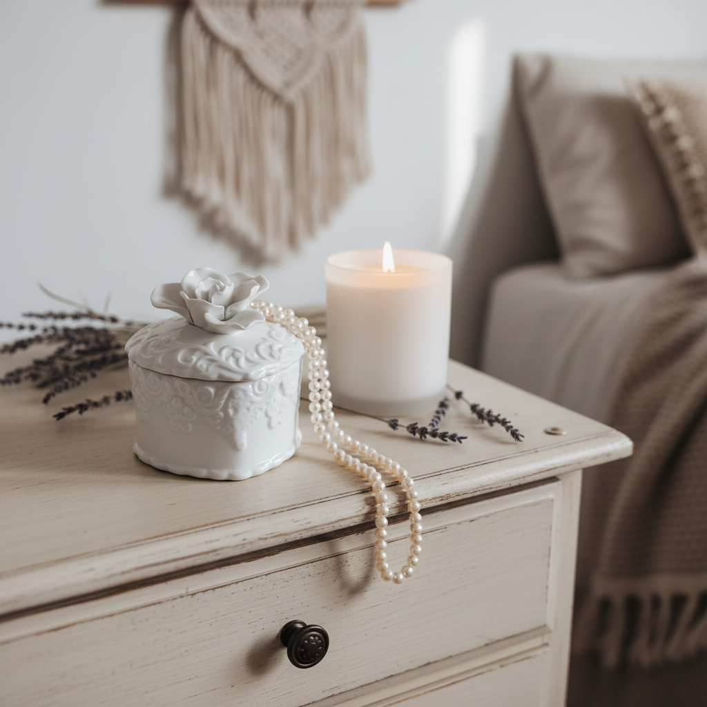 Cofre corazón en cómoda boho con lavanda y vela