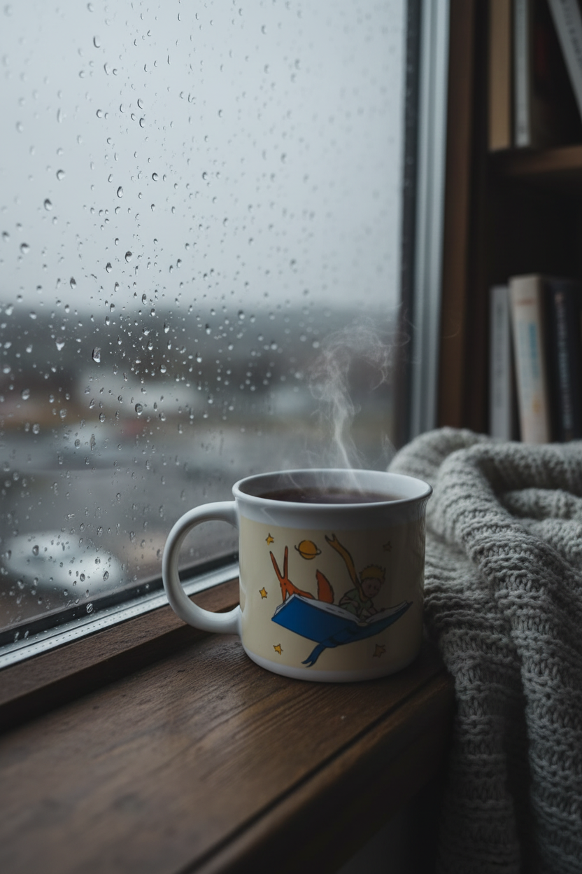 Taza El Principito con té en alféizar de ventana lluviosa con frazada