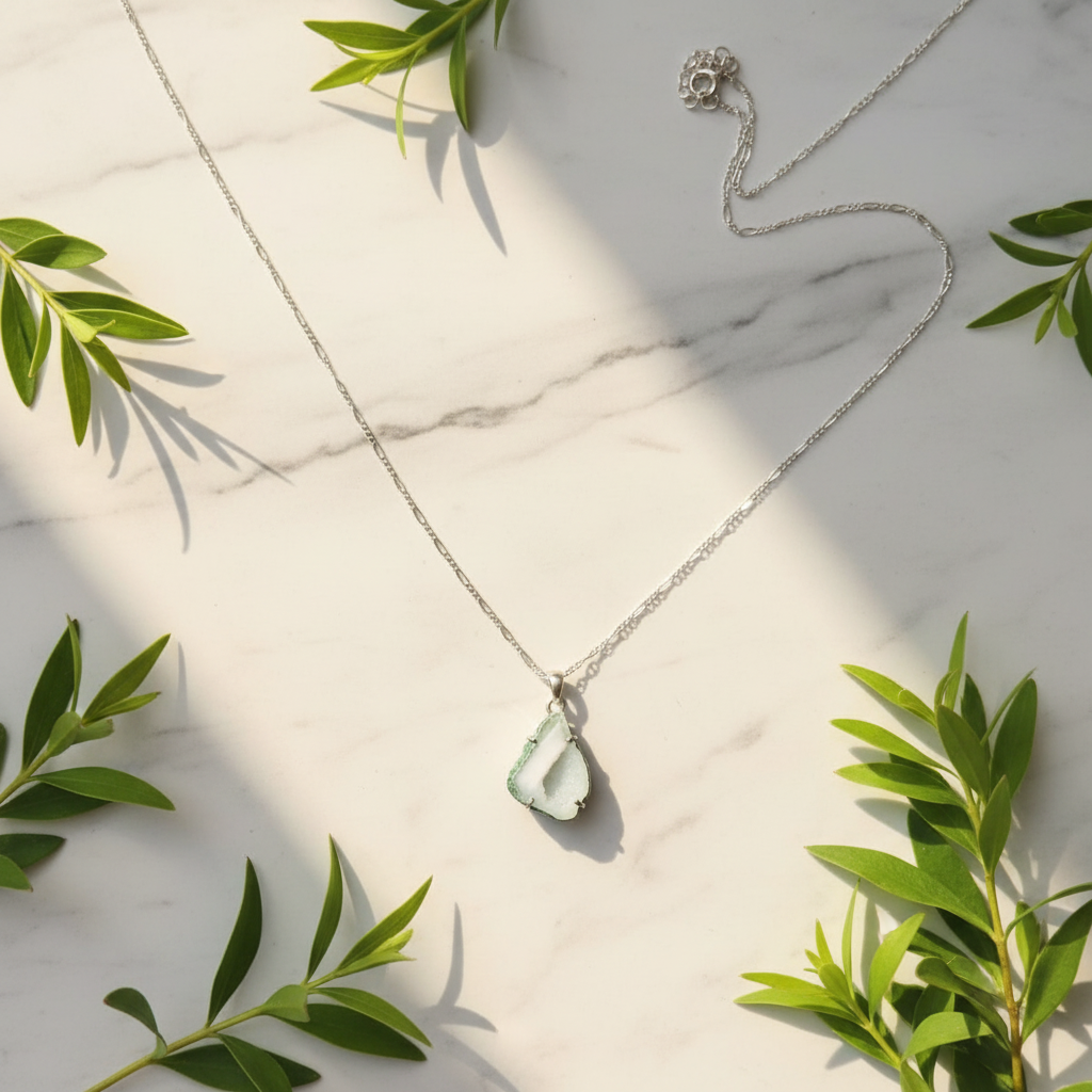 Collar geoda flat lay hojas verdes