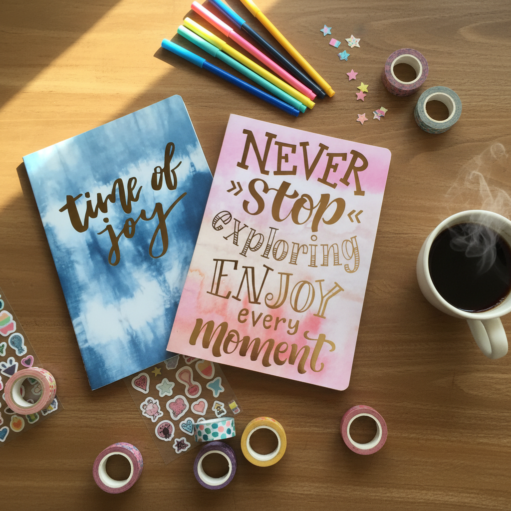 Pack 2 cuadernos flat lay creativo con plumones y café