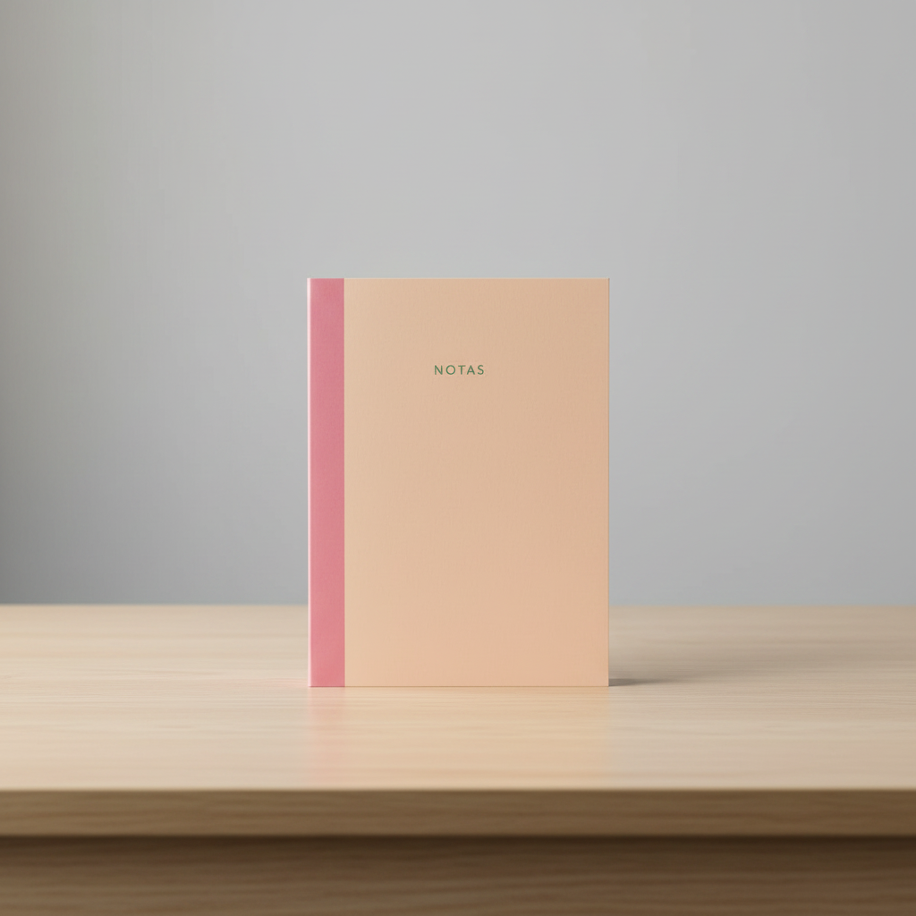 Cuaderno de notas tapa crema con lomo rosa sobre escritorio