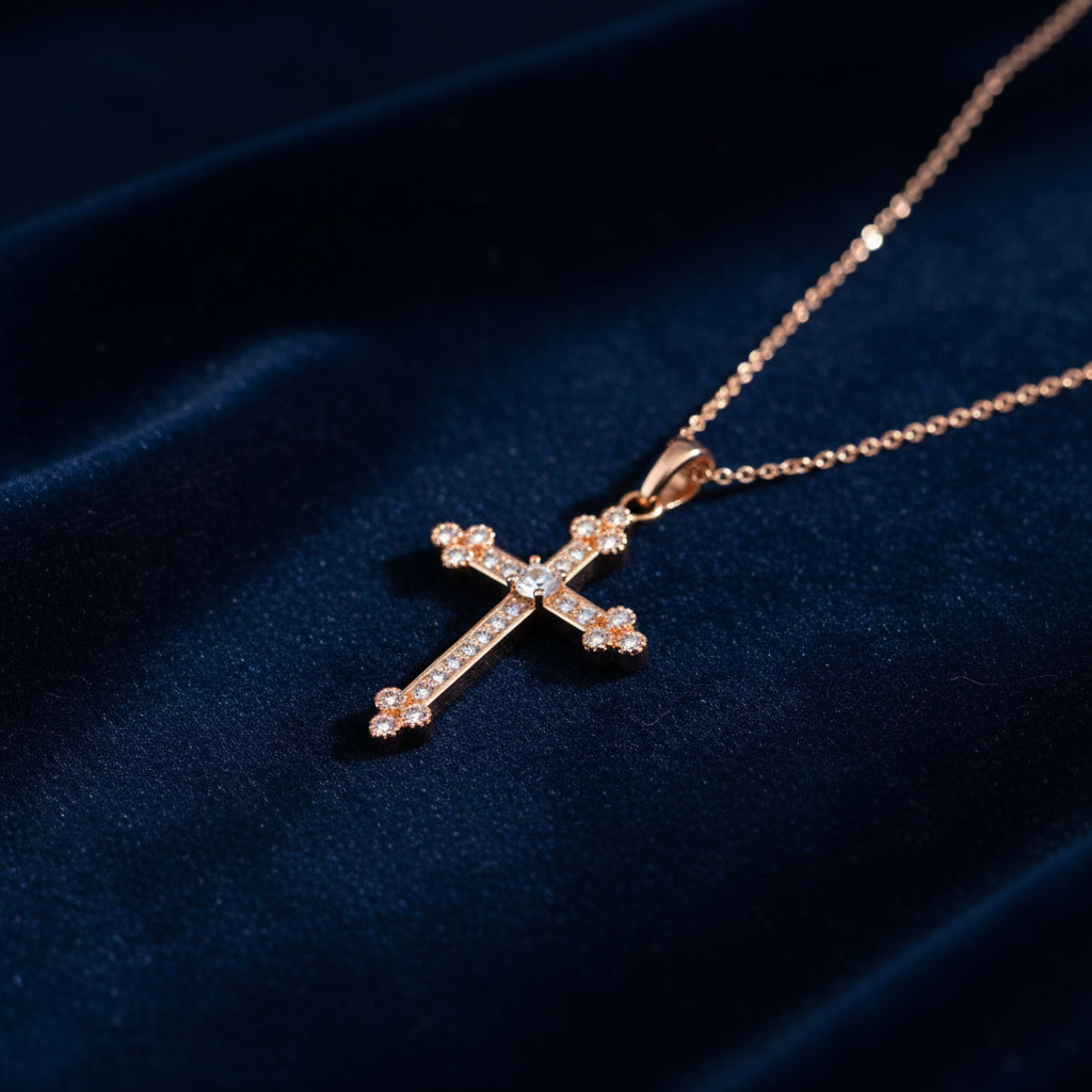 Cruz oro rosa terciopelo azul