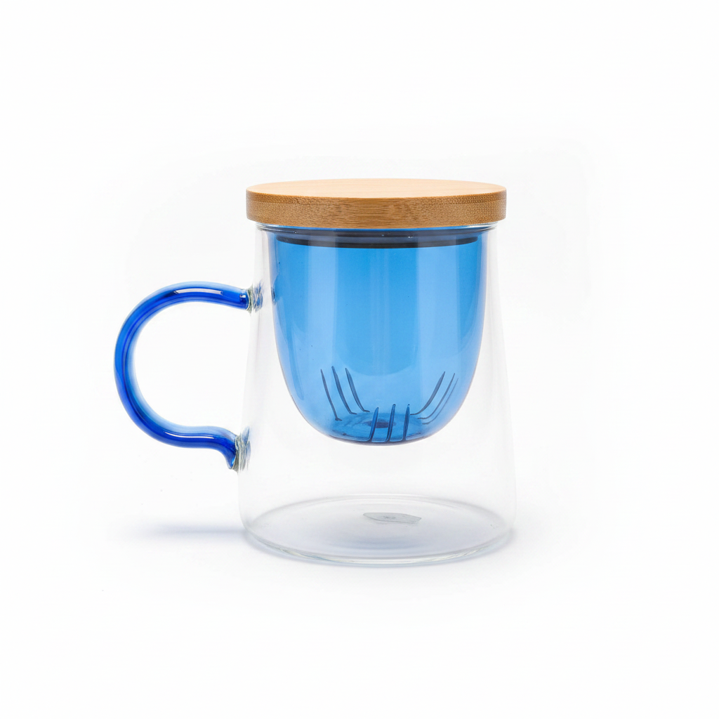 Taza infusora de vidrio con asa azul y tapa de bambú sobre fondo blanco