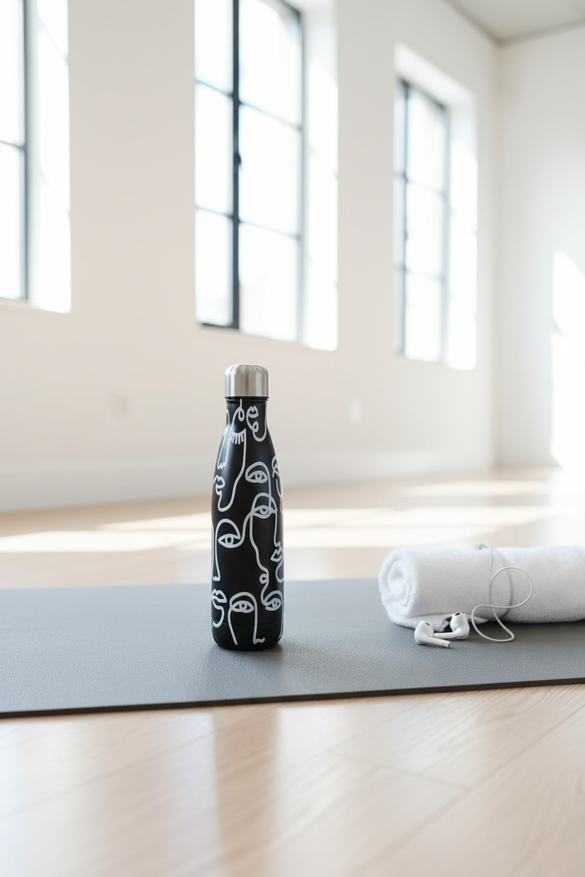 Termo negro Krea sobre mat de yoga con toalla y audífonos en estudio minimalista