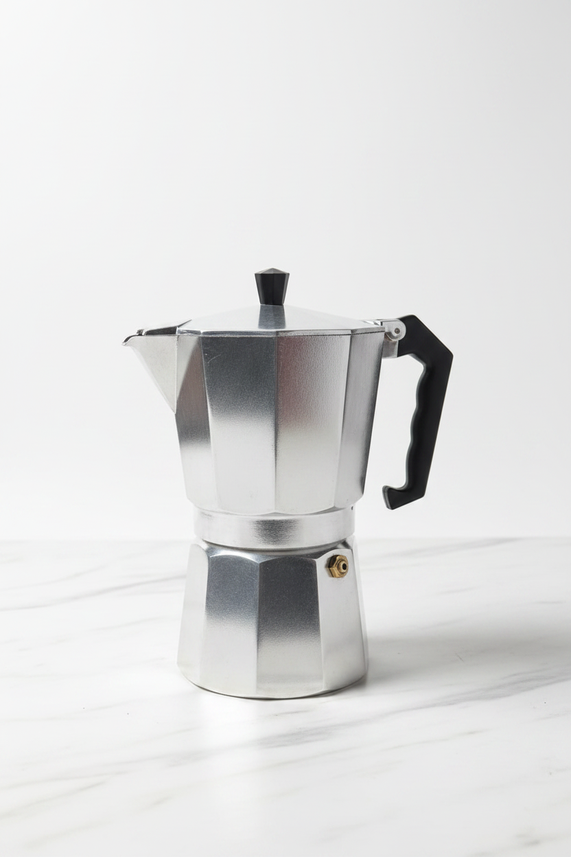 Cafetera italiana Moka plateada sobre mármol blanco fondo limpio profesional