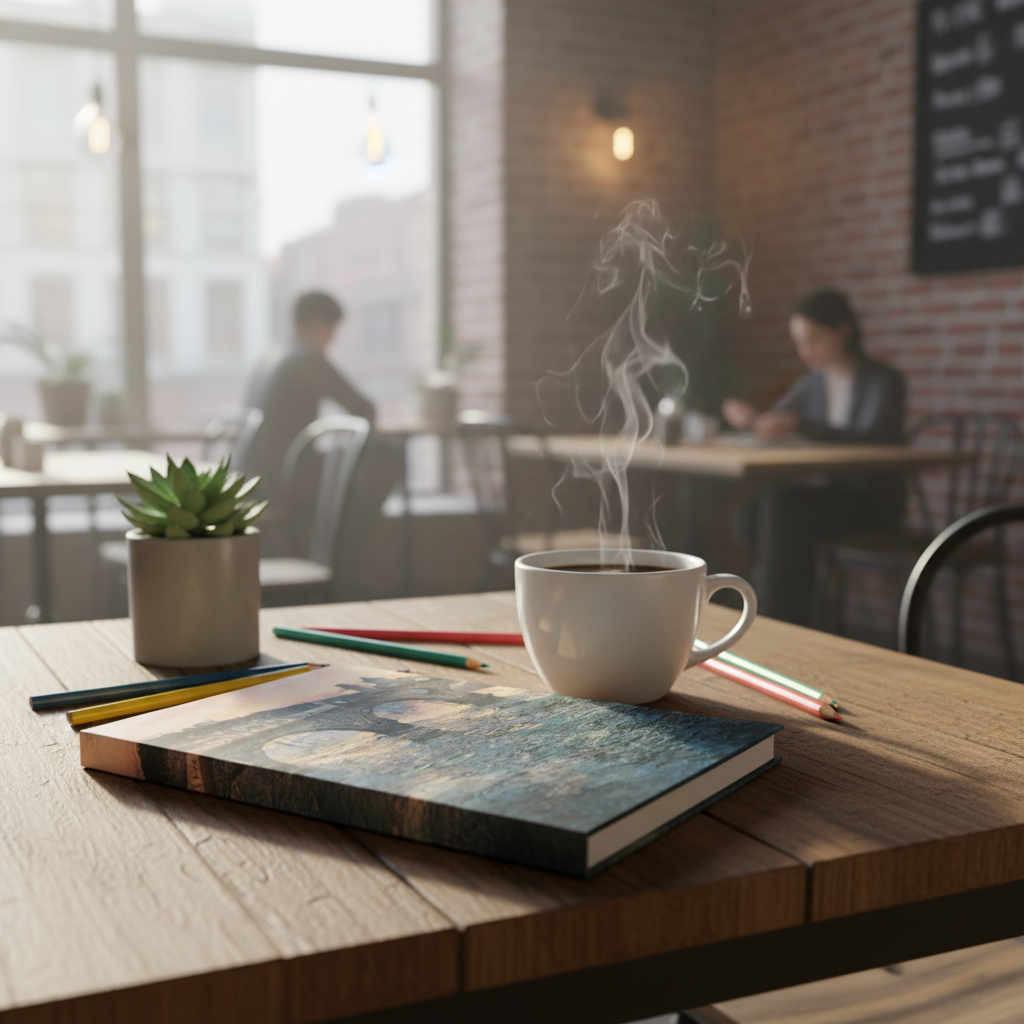 Cuaderno de dibujo en café urbano con lápices de colores