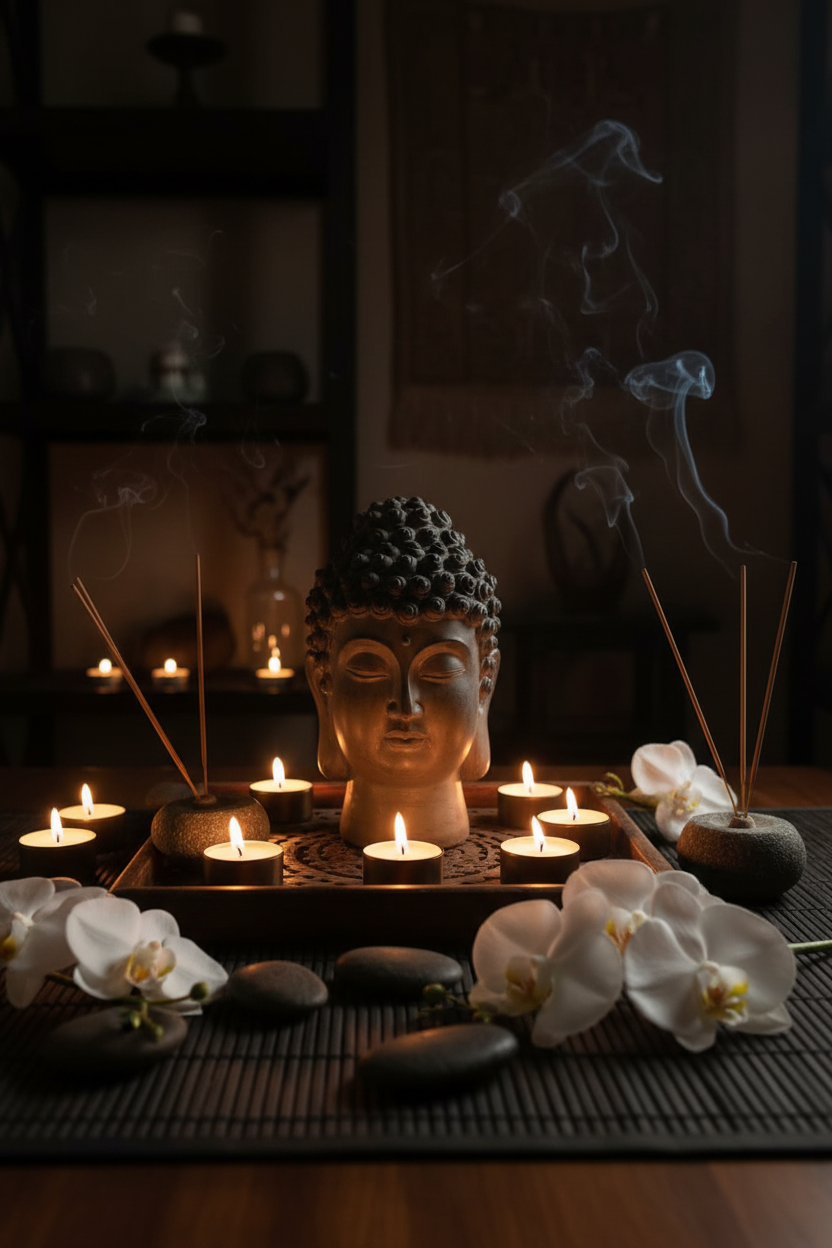 Cabeza de Buda en rincón zen con velas, incienso y orquídeas blancas