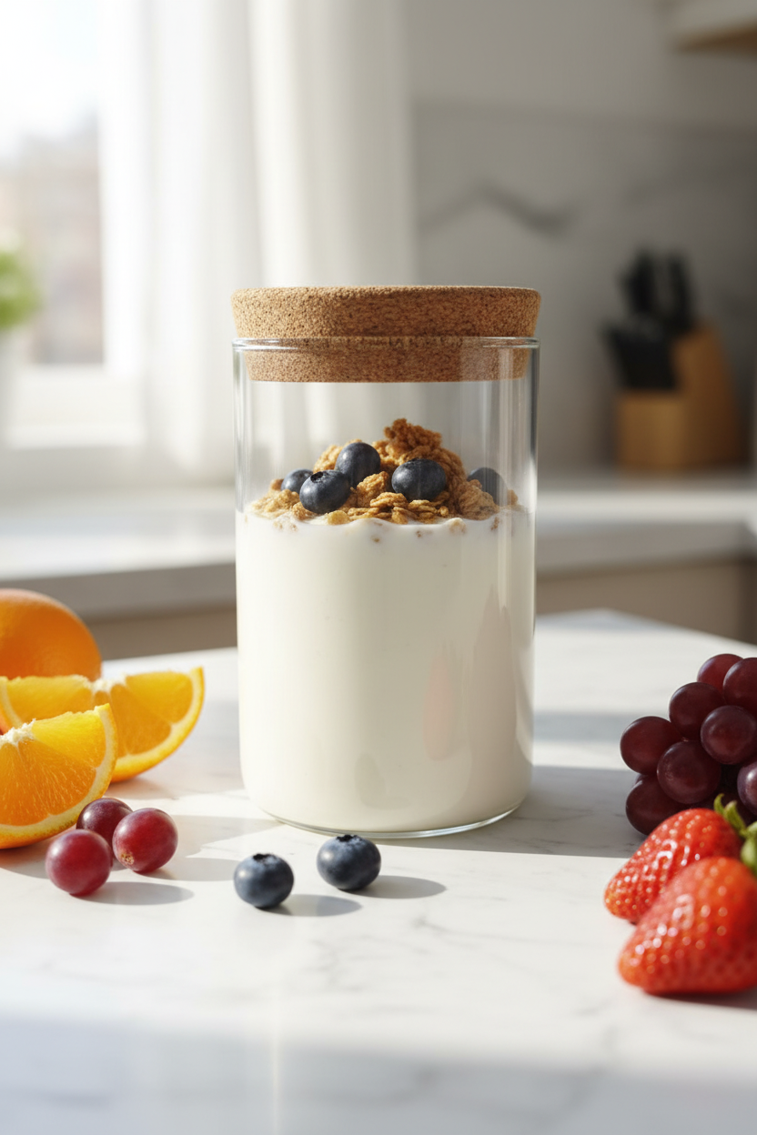 Frasco de vidrio con kéfir cremoso, arándanos y granola sobre mármol blanco